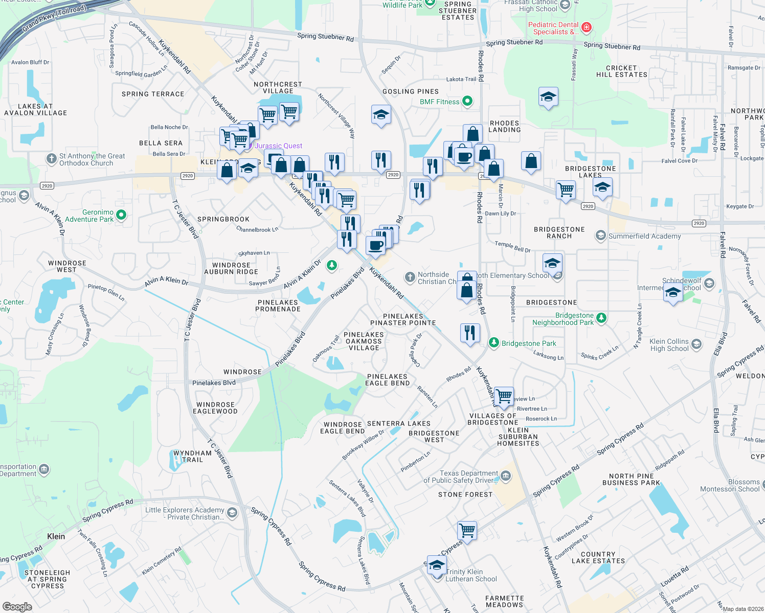 map of restaurants, bars, coffee shops, grocery stores, and more near 20310 Cembra Walk in Spring