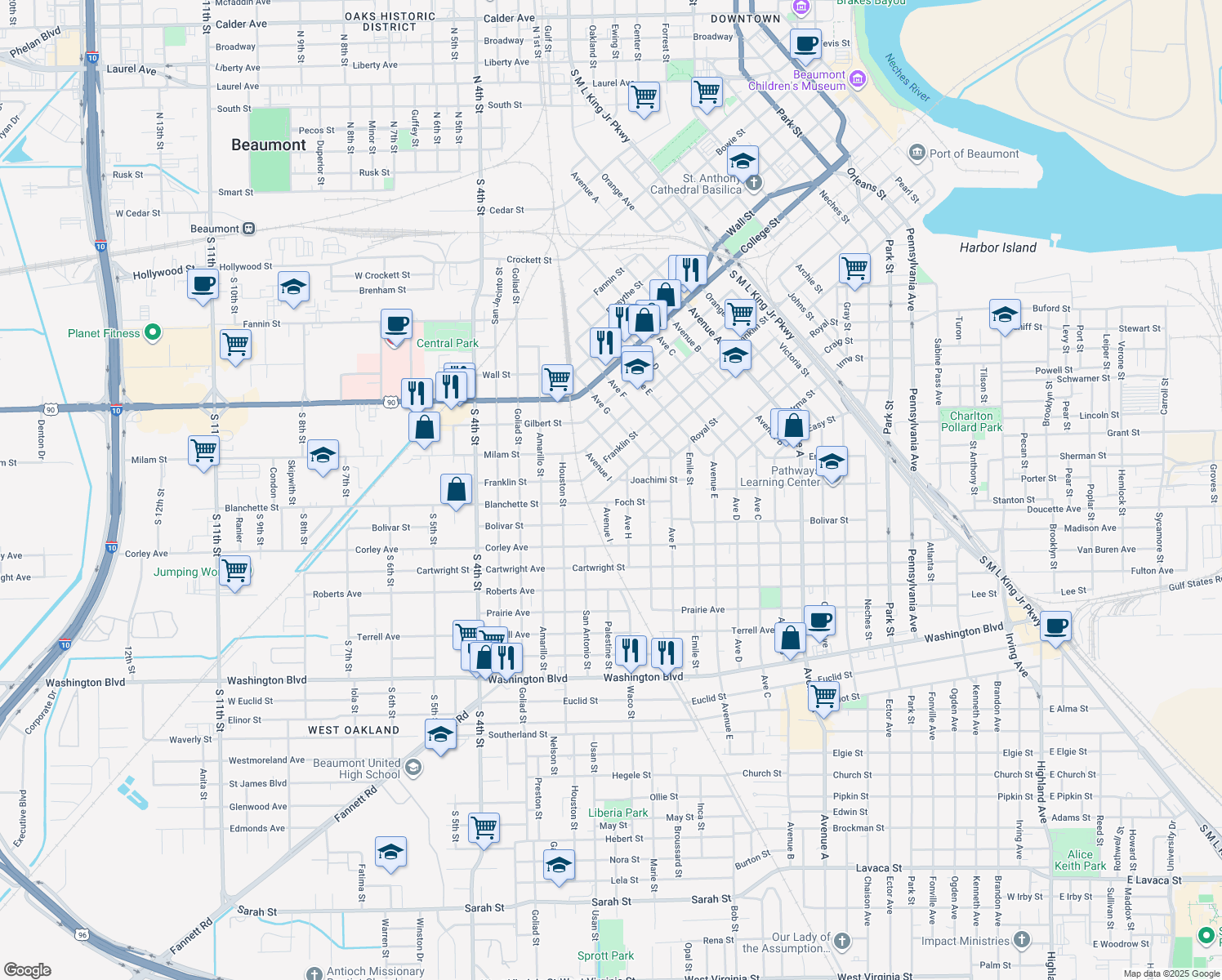 map of restaurants, bars, coffee shops, grocery stores, and more near 2265 Blanchette St in Beaumont