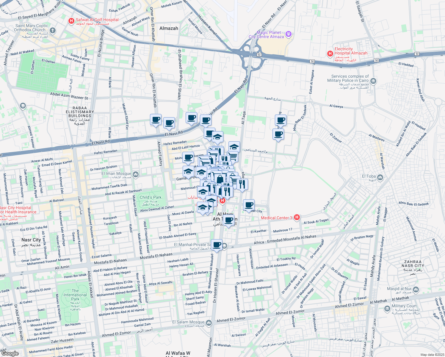 map of restaurants, bars, coffee shops, grocery stores, and more near Hassan Ma'moon in Nasr City