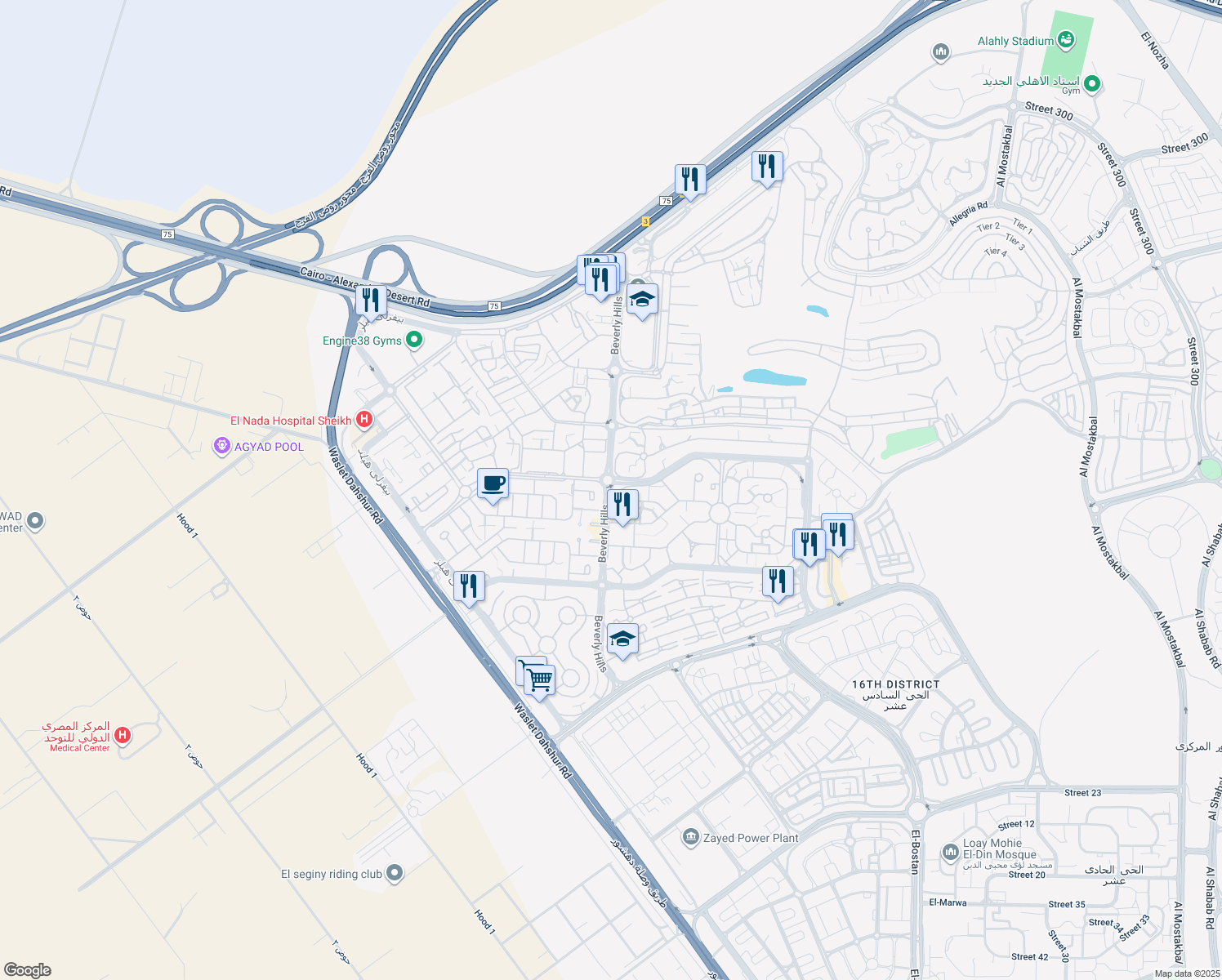 map of restaurants, bars, coffee shops, grocery stores, and more near Beverly Hills in Second Al Sheikh Zayed