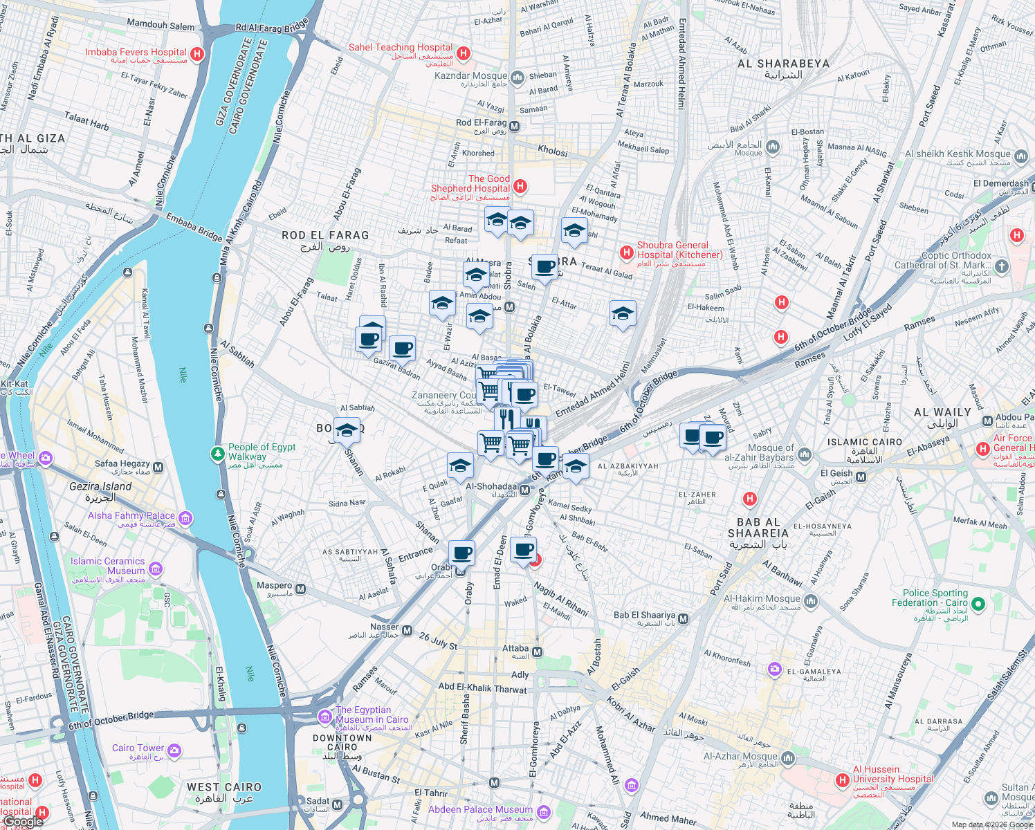 map of restaurants, bars, coffee shops, grocery stores, and more near Al Teraa Al Bolakia in Al Azbakeyah