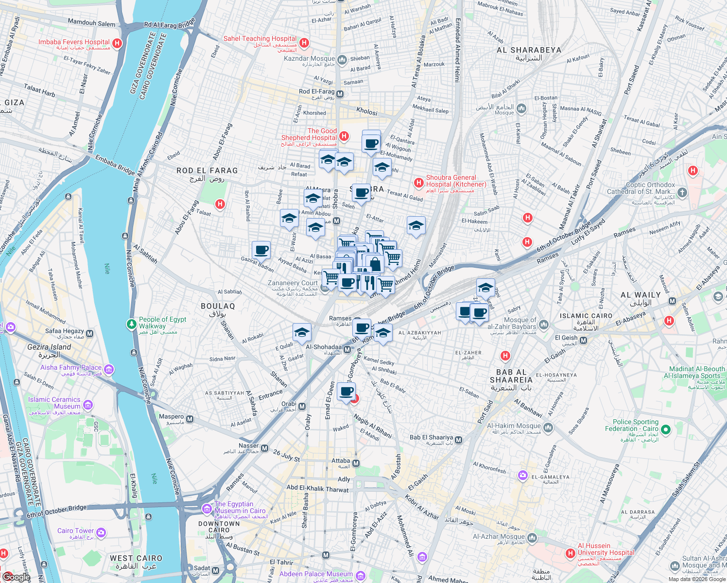 map of restaurants, bars, coffee shops, grocery stores, and more near Naaoum in Shobra