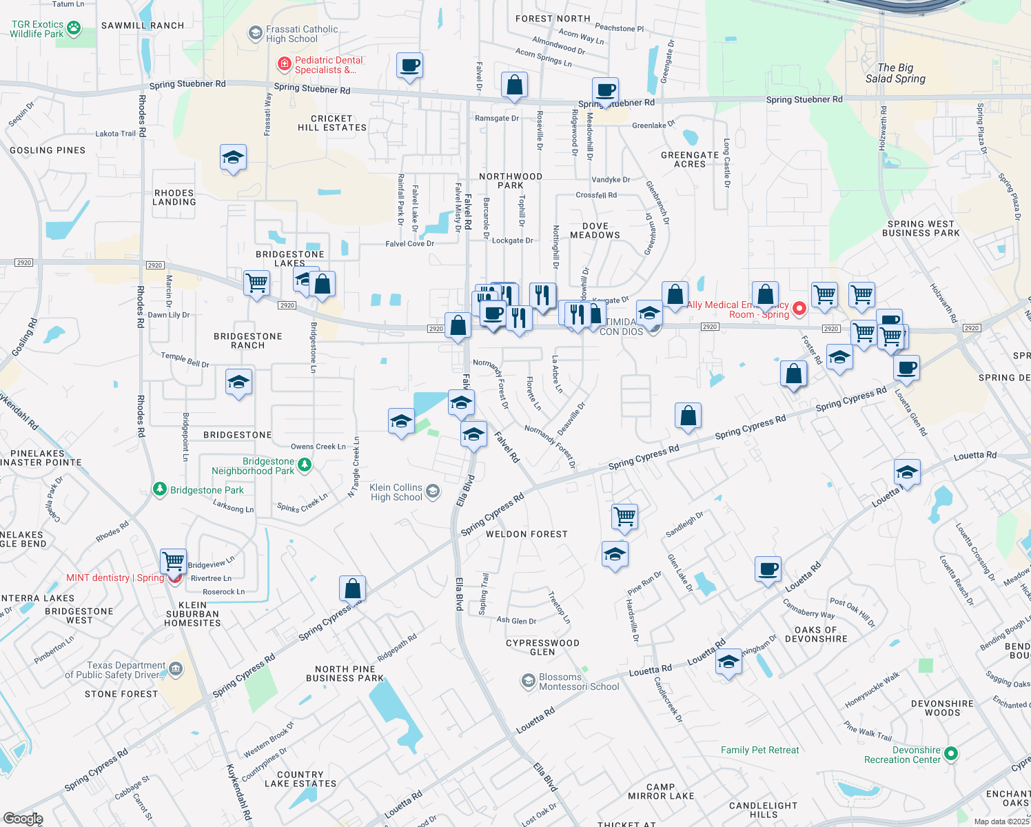 map of restaurants, bars, coffee shops, grocery stores, and more near 20910 Normandy Forest Drive in Spring
