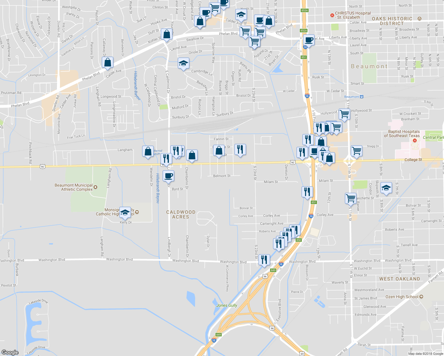 map of restaurants, bars, coffee shops, grocery stores, and more near 5055 Belmont Street in Beaumont