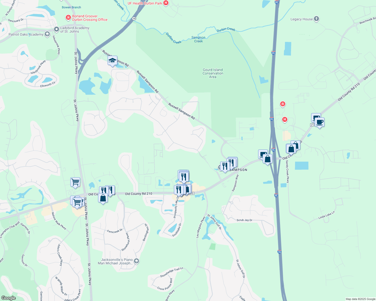 map of restaurants, bars, coffee shops, grocery stores, and more near 137 Saint John's Forest Boulevard in Jacksonville