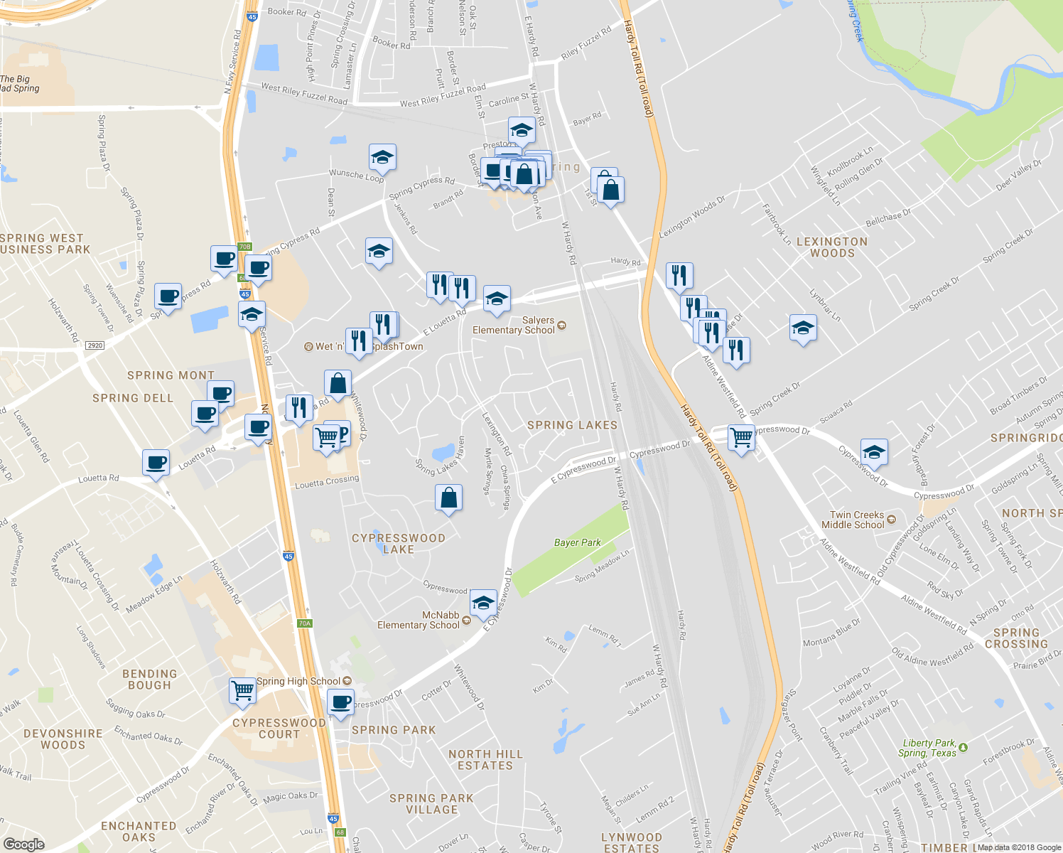 map of restaurants, bars, coffee shops, grocery stores, and more near 25610 Serena Spring Lane in Spring