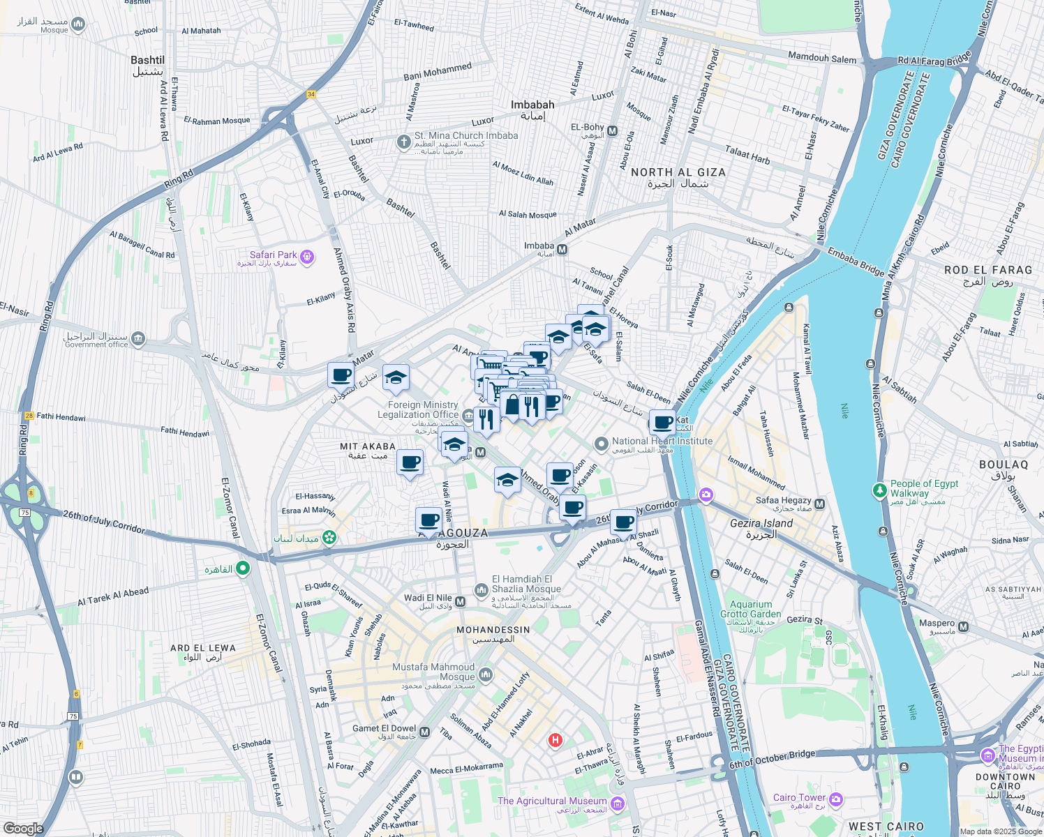 map of restaurants, bars, coffee shops, grocery stores, and more near El-Rashid Street in Agouza