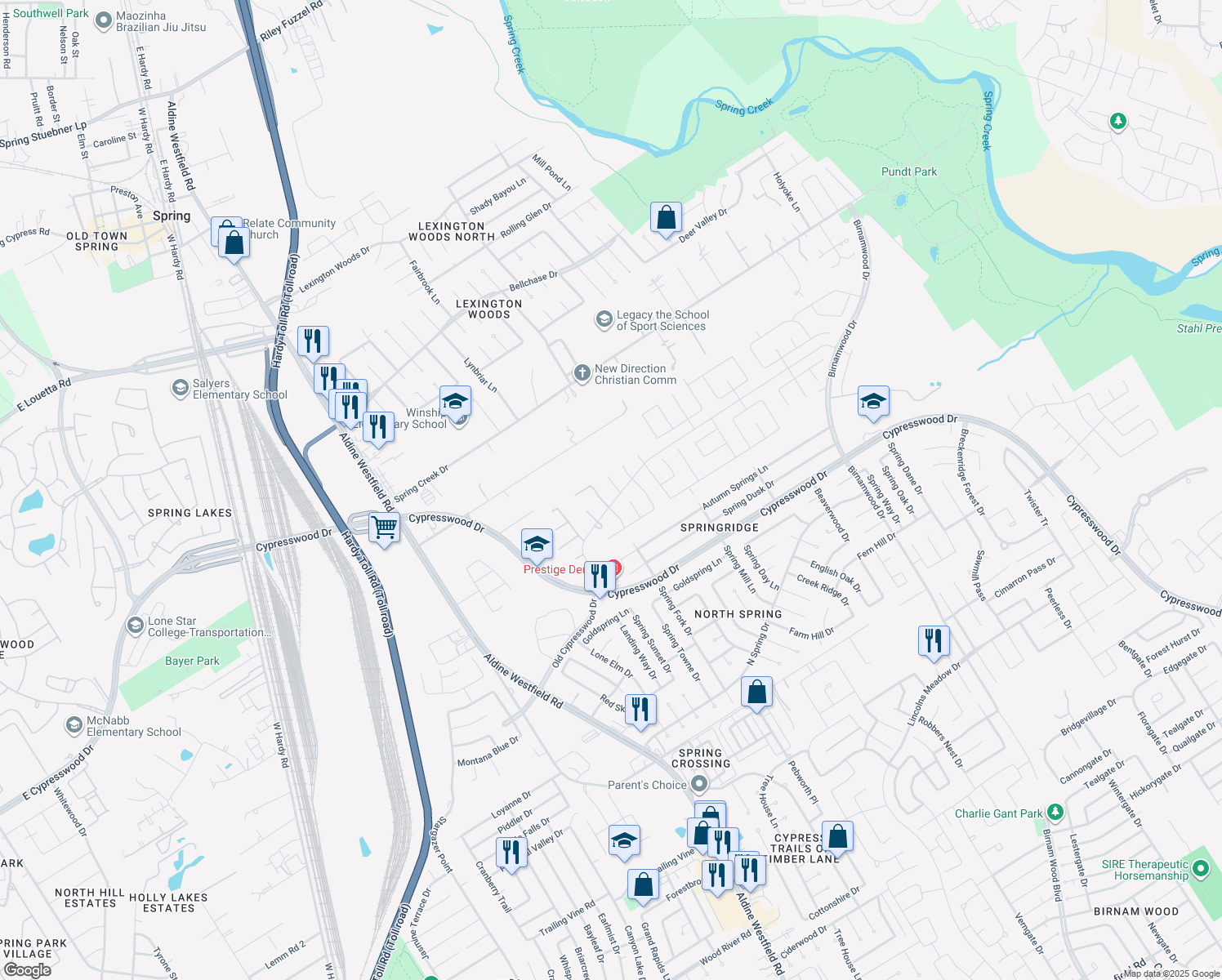 map of restaurants, bars, coffee shops, grocery stores, and more near 24607 Fort Timbers Court in Spring