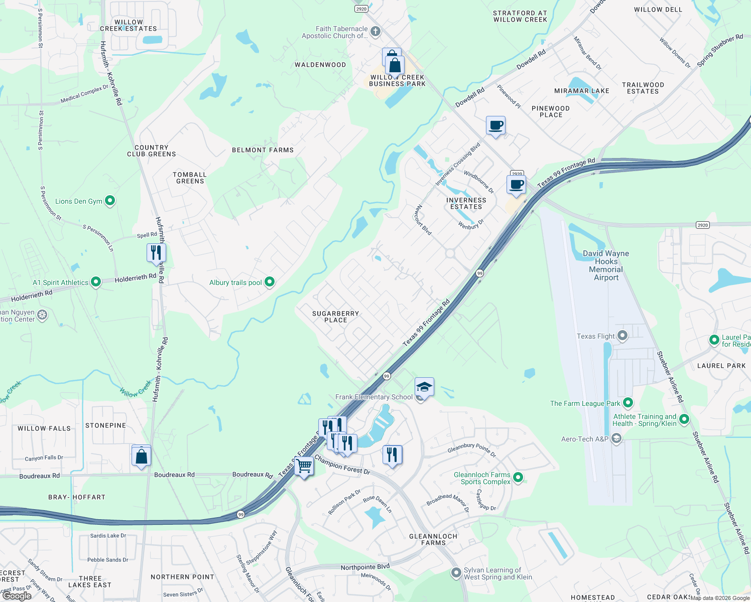 map of restaurants, bars, coffee shops, grocery stores, and more near 9827 Thistleberry Lane in Tomball