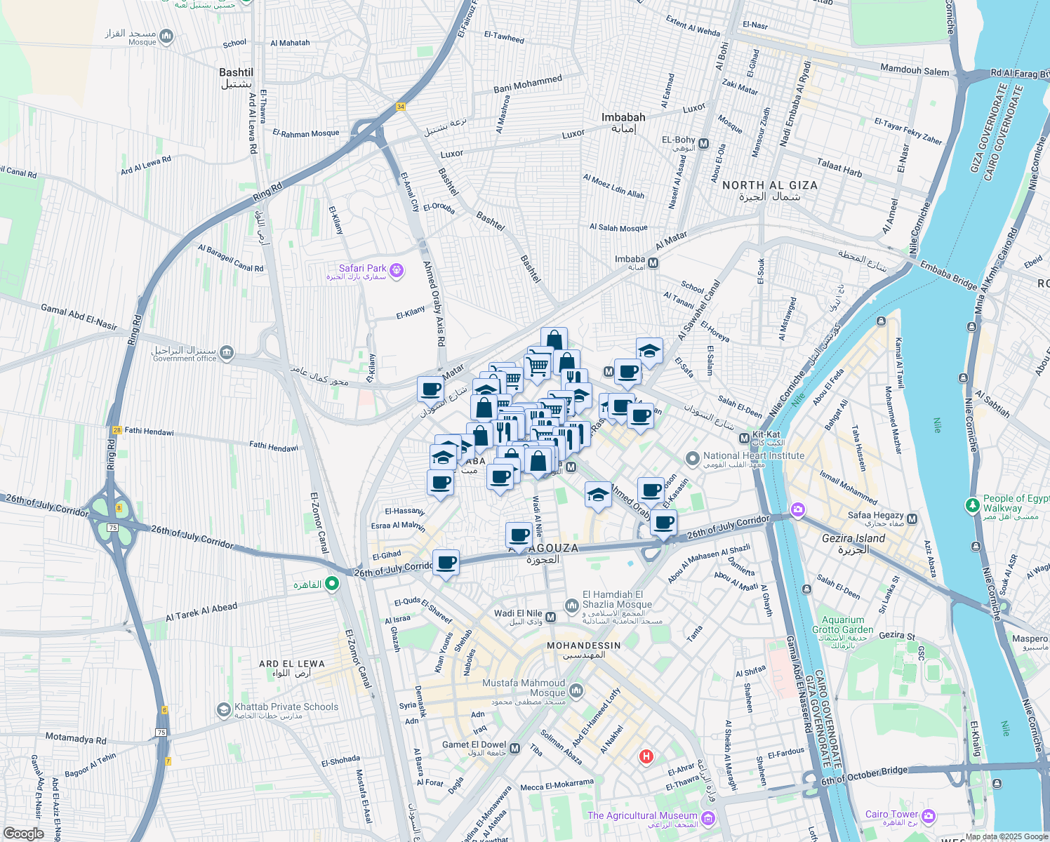 map of restaurants, bars, coffee shops, grocery stores, and more near Ahmed Oraby in Agouza