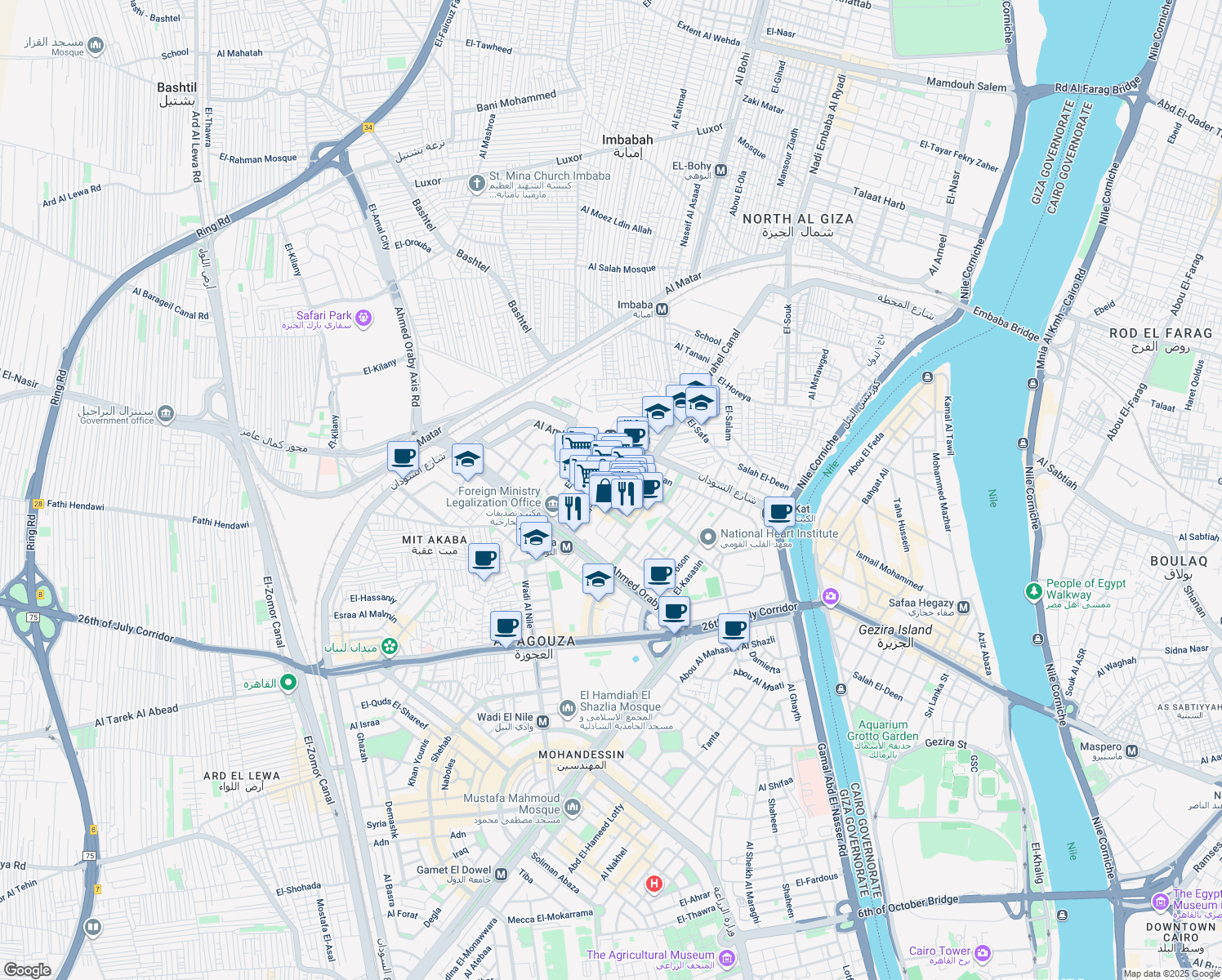 map of restaurants, bars, coffee shops, grocery stores, and more near El-Rashid Street in Agouza