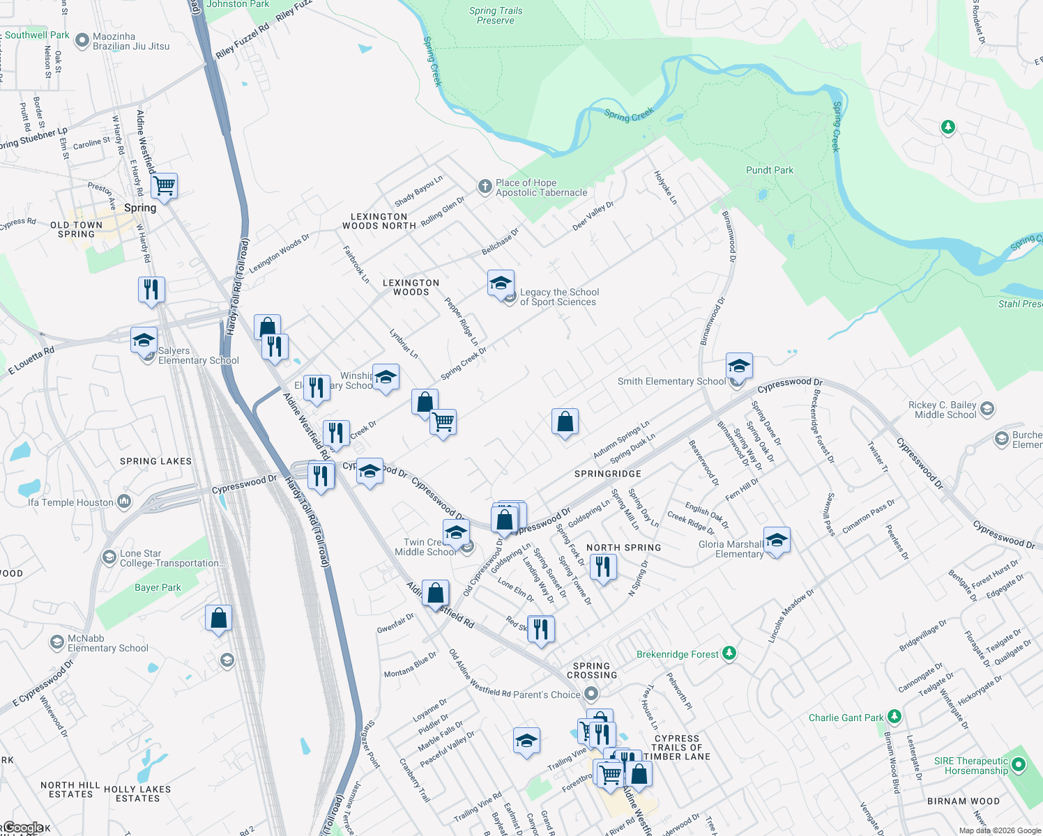 map of restaurants, bars, coffee shops, grocery stores, and more near 24619 Fort Path Drive in Spring