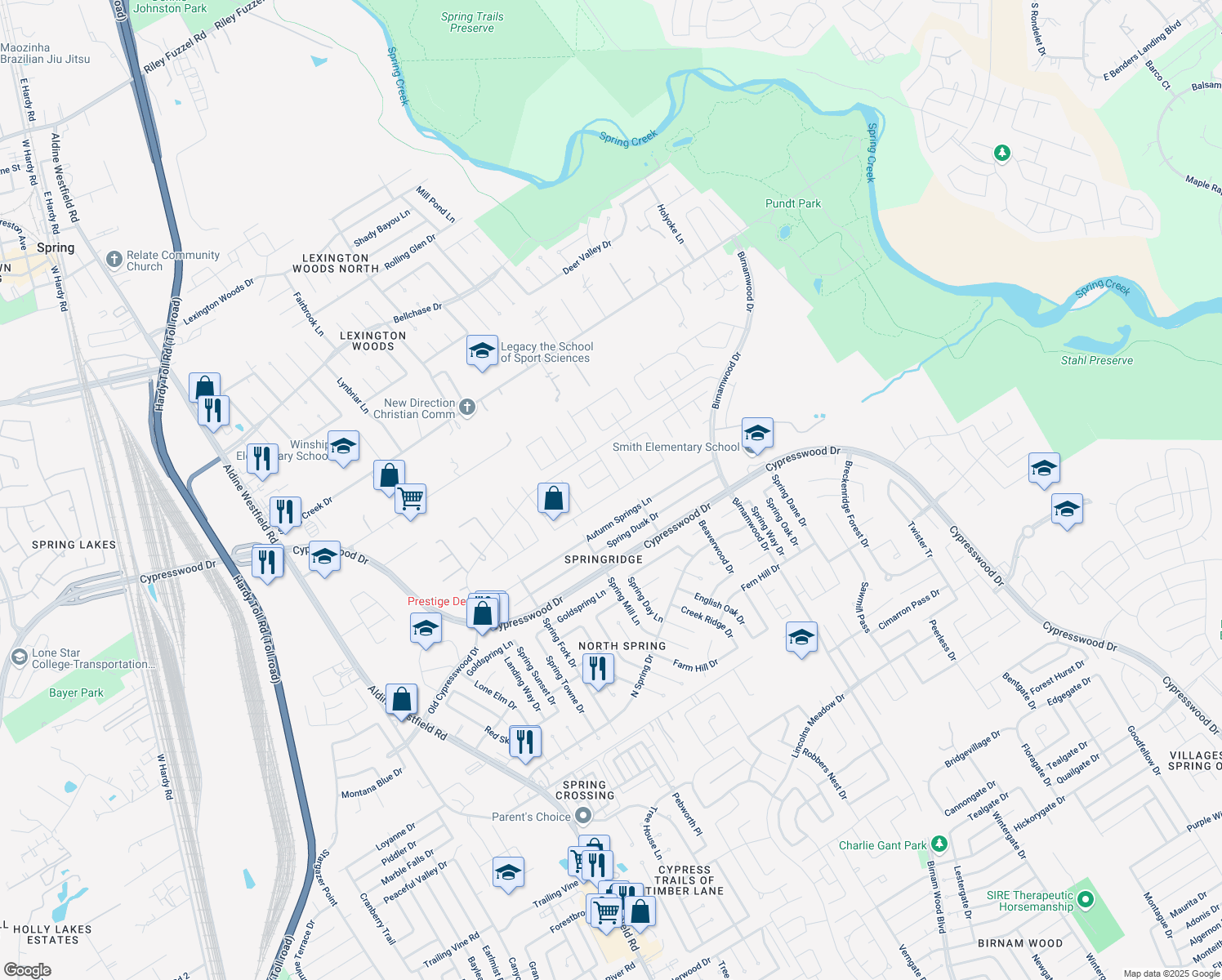 map of restaurants, bars, coffee shops, grocery stores, and more near 2615 Broad Timbers Drive in Spring