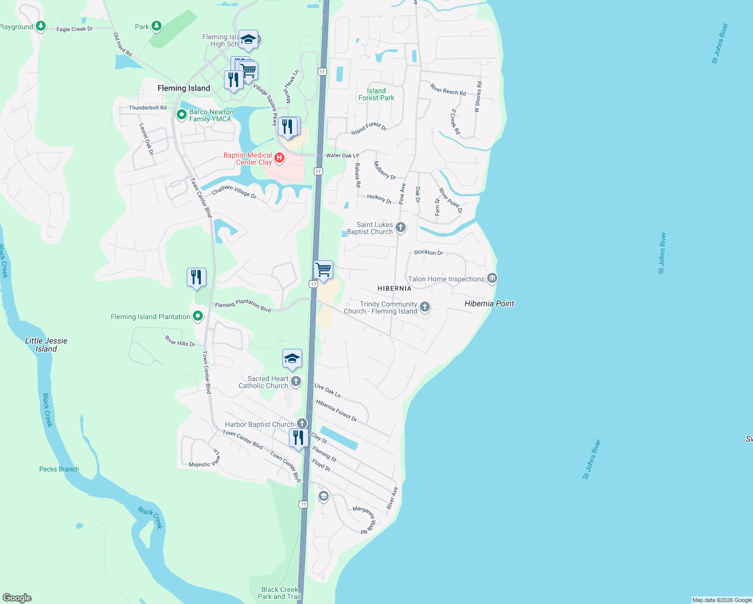 map of restaurants, bars, coffee shops, grocery stores, and more near 1820 Old Fleming Grove Road in Fleming Island