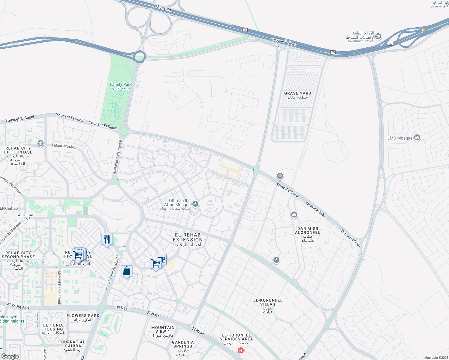 map of restaurants, bars, coffee shops, grocery stores, and more near السوق الشرقي in Second New Cairo