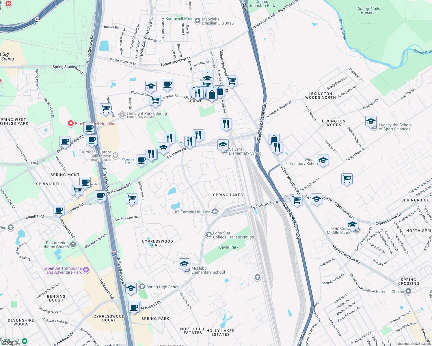 map of restaurants, bars, coffee shops, grocery stores, and more near 25819 Morgan Springs in Spring