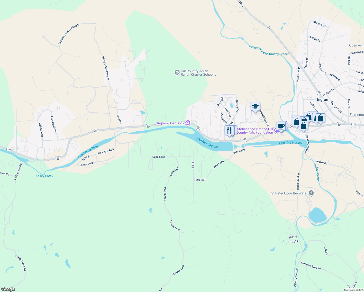 map of restaurants, bars, coffee shops, grocery stores, and more near 321 Cade Loop in Ingram