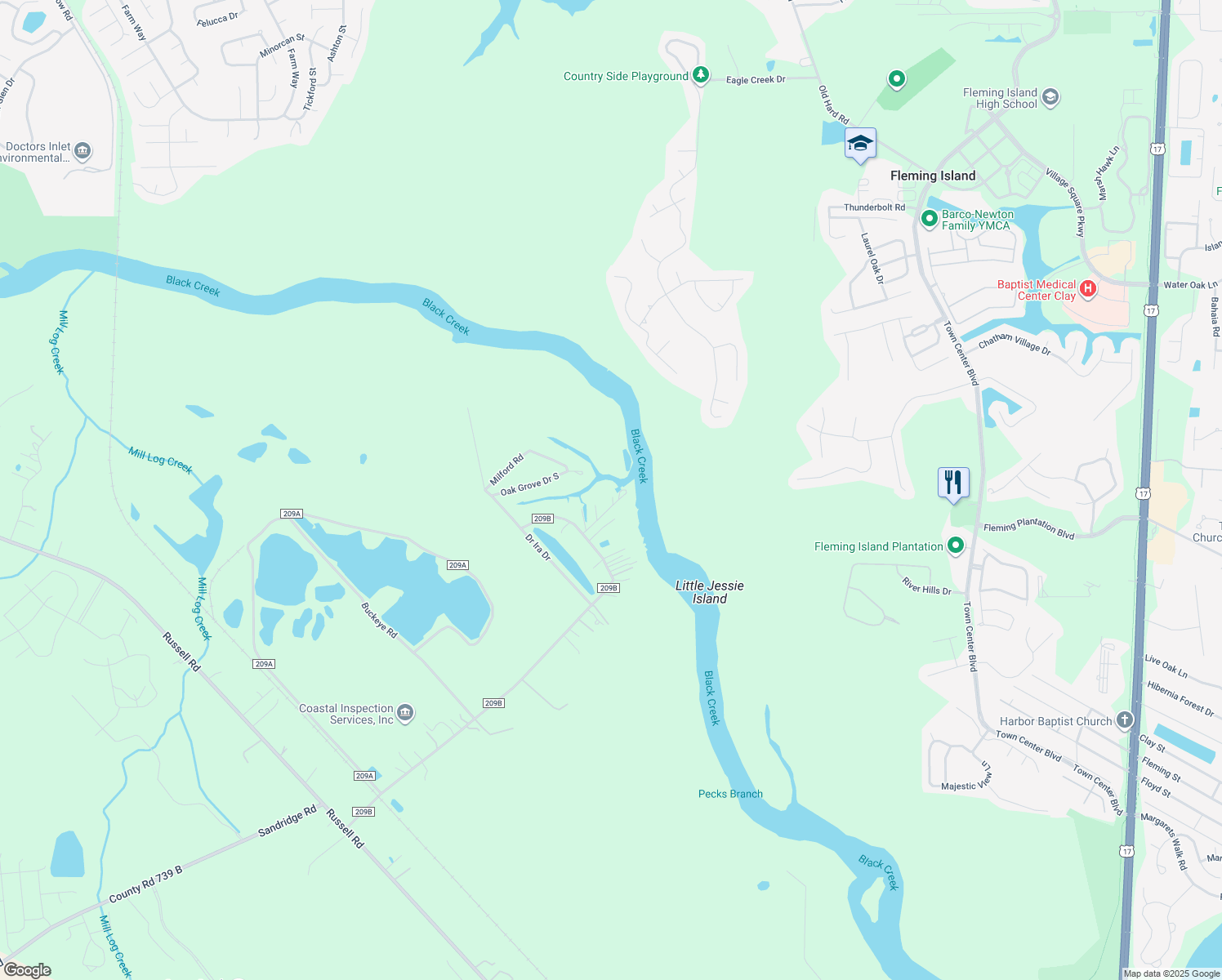 map of restaurants, bars, coffee shops, grocery stores, and more near 1806 Oak Park Circle in Green Cove Springs
