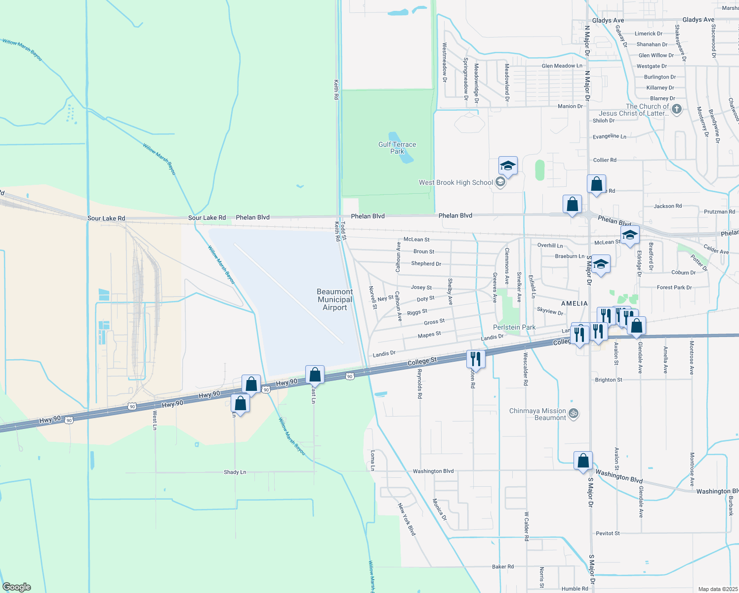 map of restaurants, bars, coffee shops, grocery stores, and more near 470 Norvell Street in Beaumont