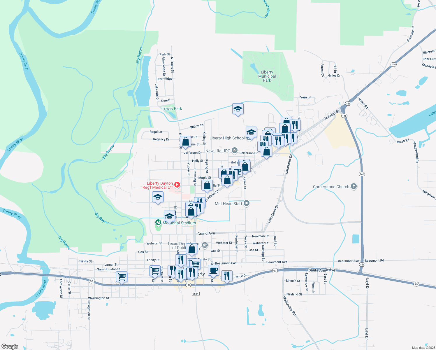 map of restaurants, bars, coffee shops, grocery stores, and more near 2309 Maple St in Liberty
