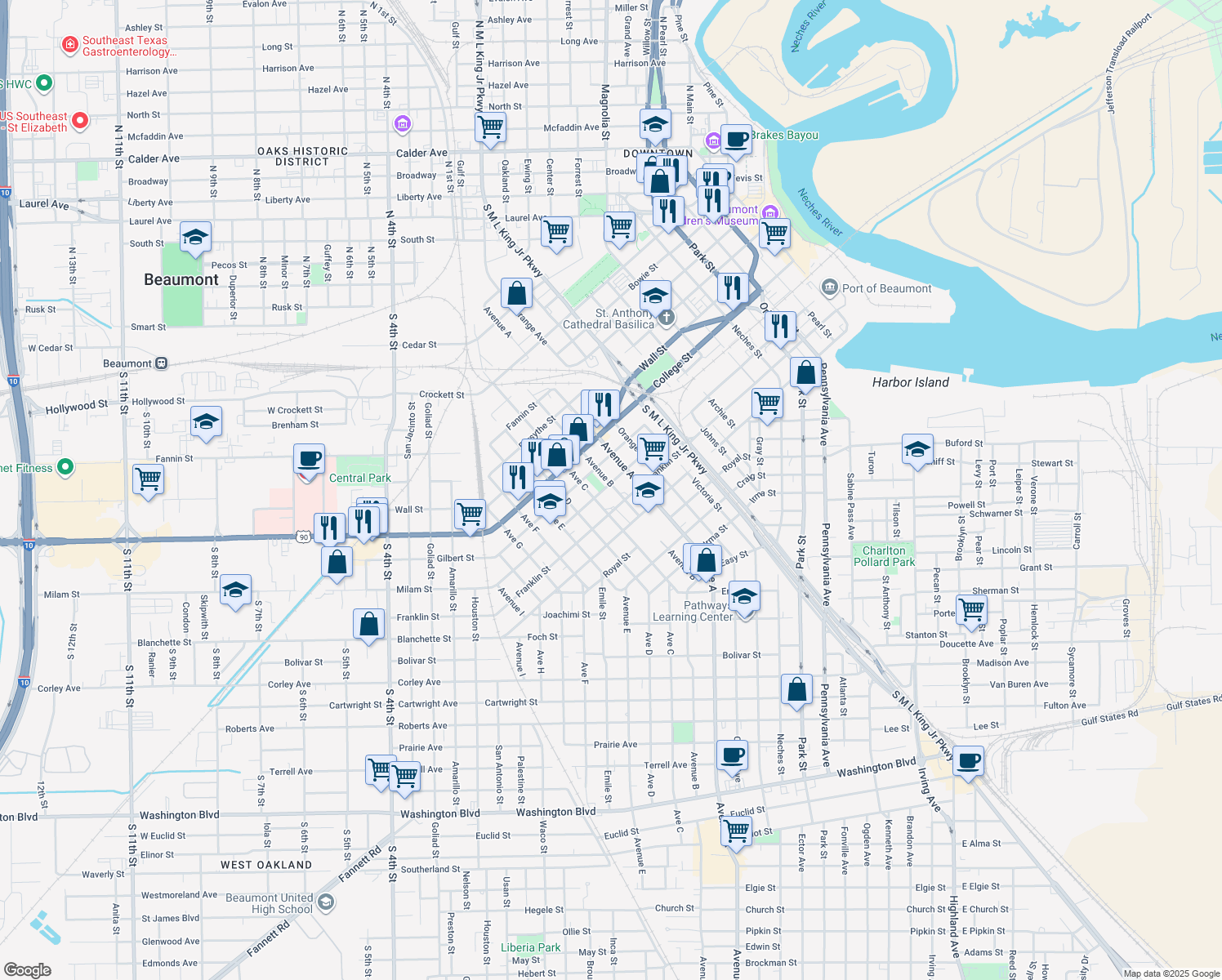 map of restaurants, bars, coffee shops, grocery stores, and more near 1525 Milam St in Beaumont