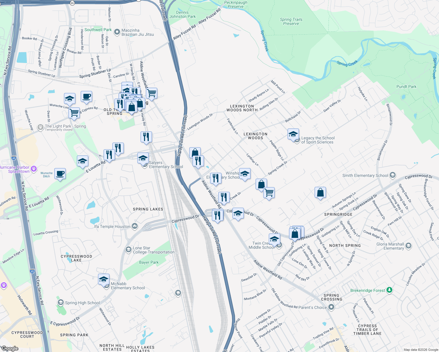 map of restaurants, bars, coffee shops, grocery stores, and more near 25315 Hickory Valley Lane in Spring