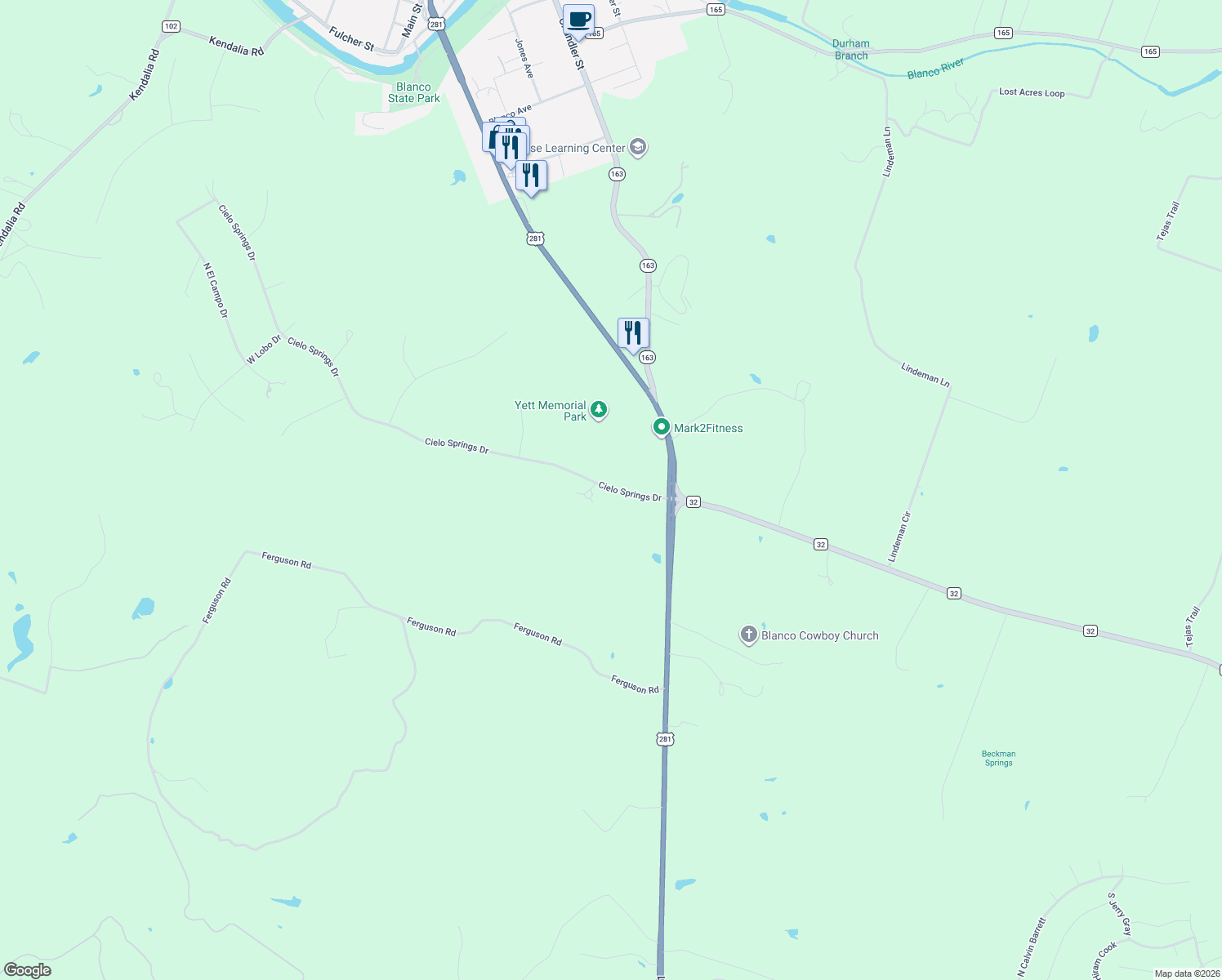 map of restaurants, bars, coffee shops, grocery stores, and more near 191 Cielo Springs Drive in Blanco
