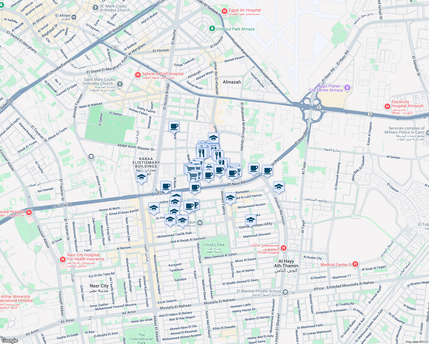 map of restaurants, bars, coffee shops, grocery stores, and more near in Nasr City