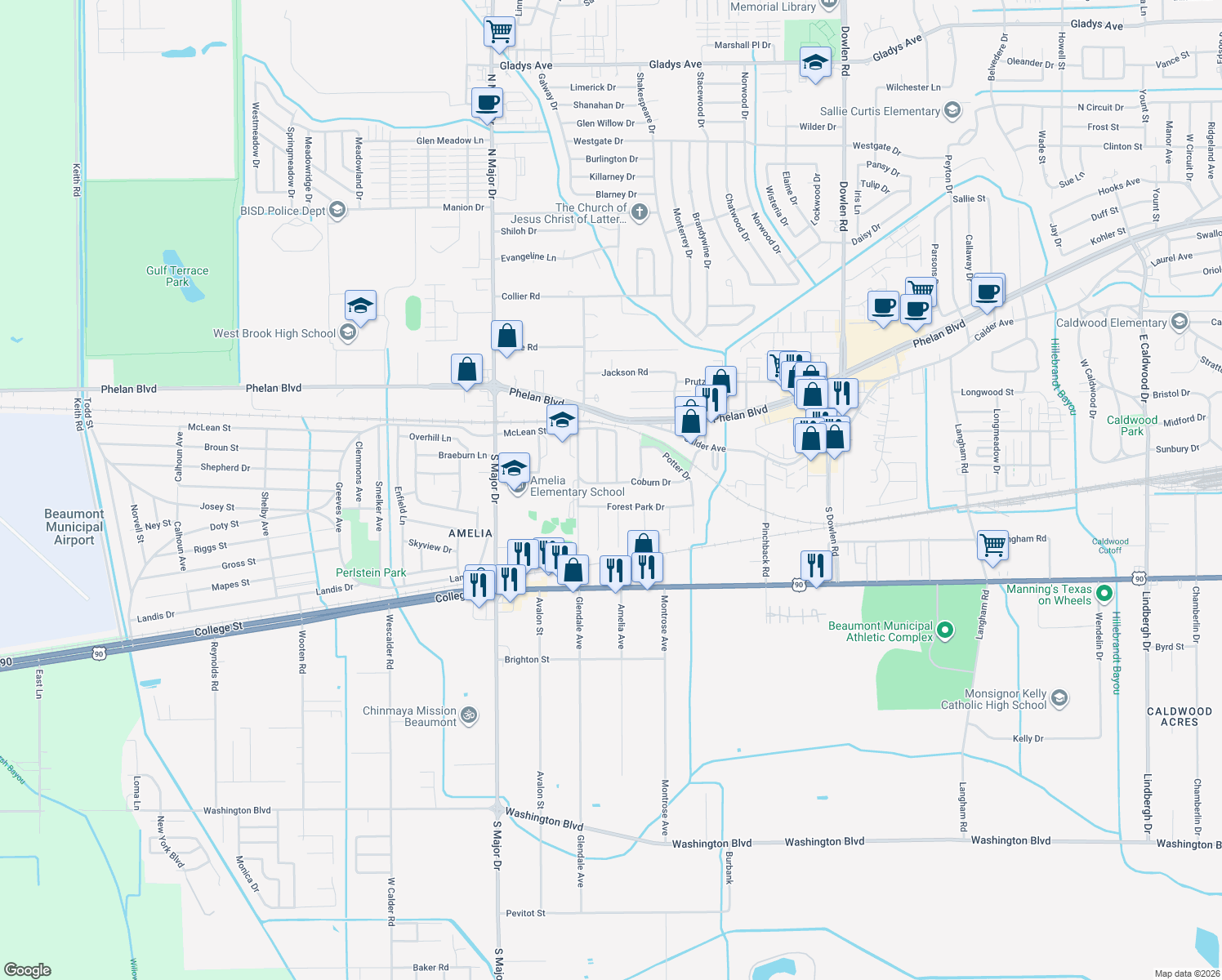 map of restaurants, bars, coffee shops, grocery stores, and more near 7745 Coburn Dr in Beaumont