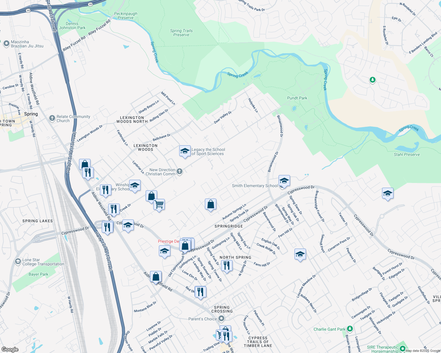 map of restaurants, bars, coffee shops, grocery stores, and more near 24722 Fawn Ridge Forest Drive in Spring