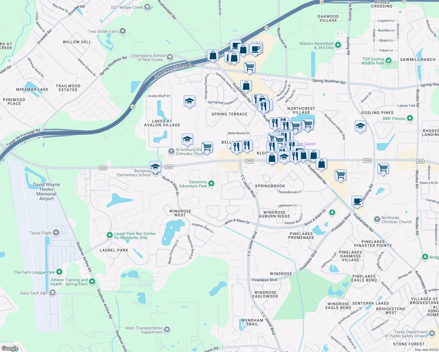 map of restaurants, bars, coffee shops, grocery stores, and more near 6638 Autumn Sunset Lane in Spring