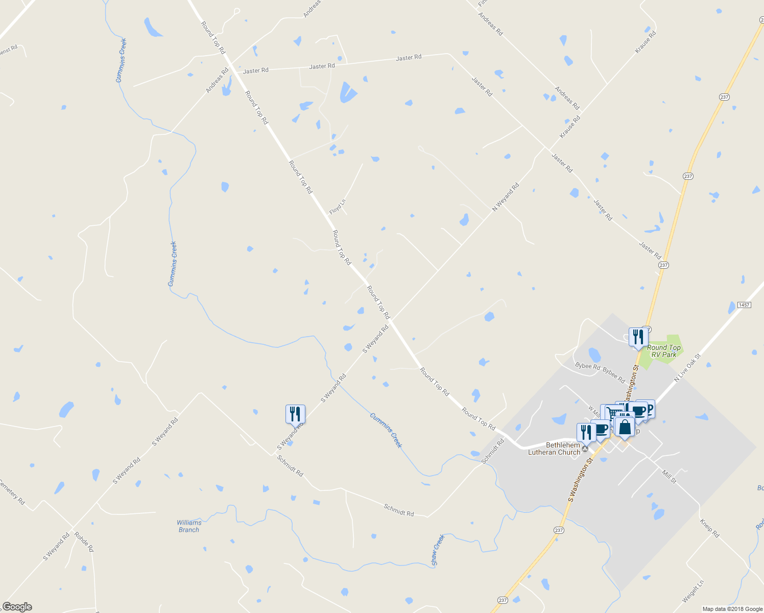 map of restaurants, bars, coffee shops, grocery stores, and more near 1585 Round Top Road in Round Top