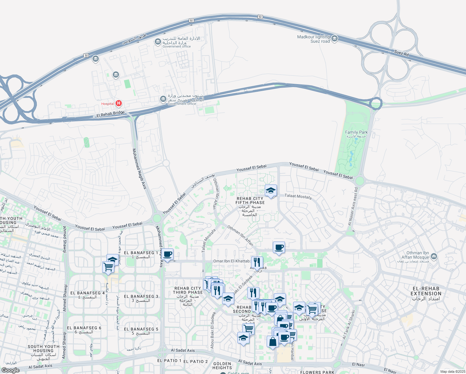 map of restaurants, bars, coffee shops, grocery stores, and more near 5/96 Othman Ibn Effan in Second New Cairo