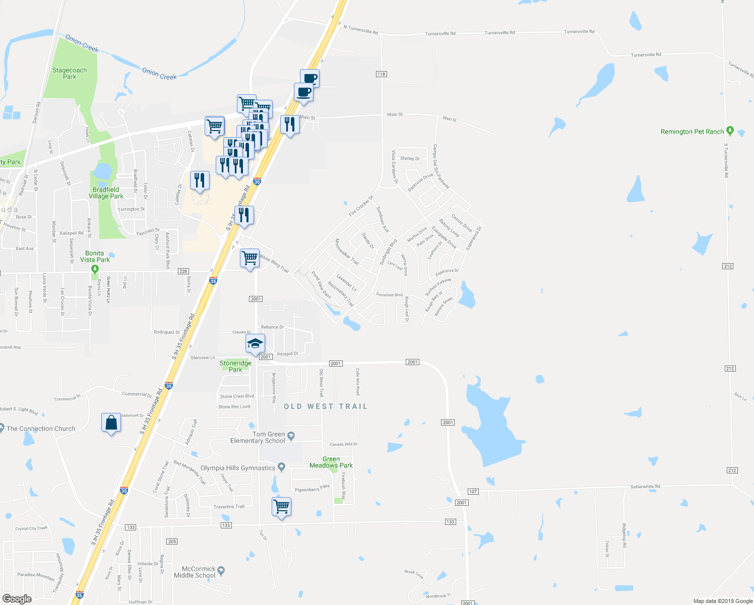 map of restaurants, bars, coffee shops, grocery stores, and more near 249 Orchard Hill Trail in Buda