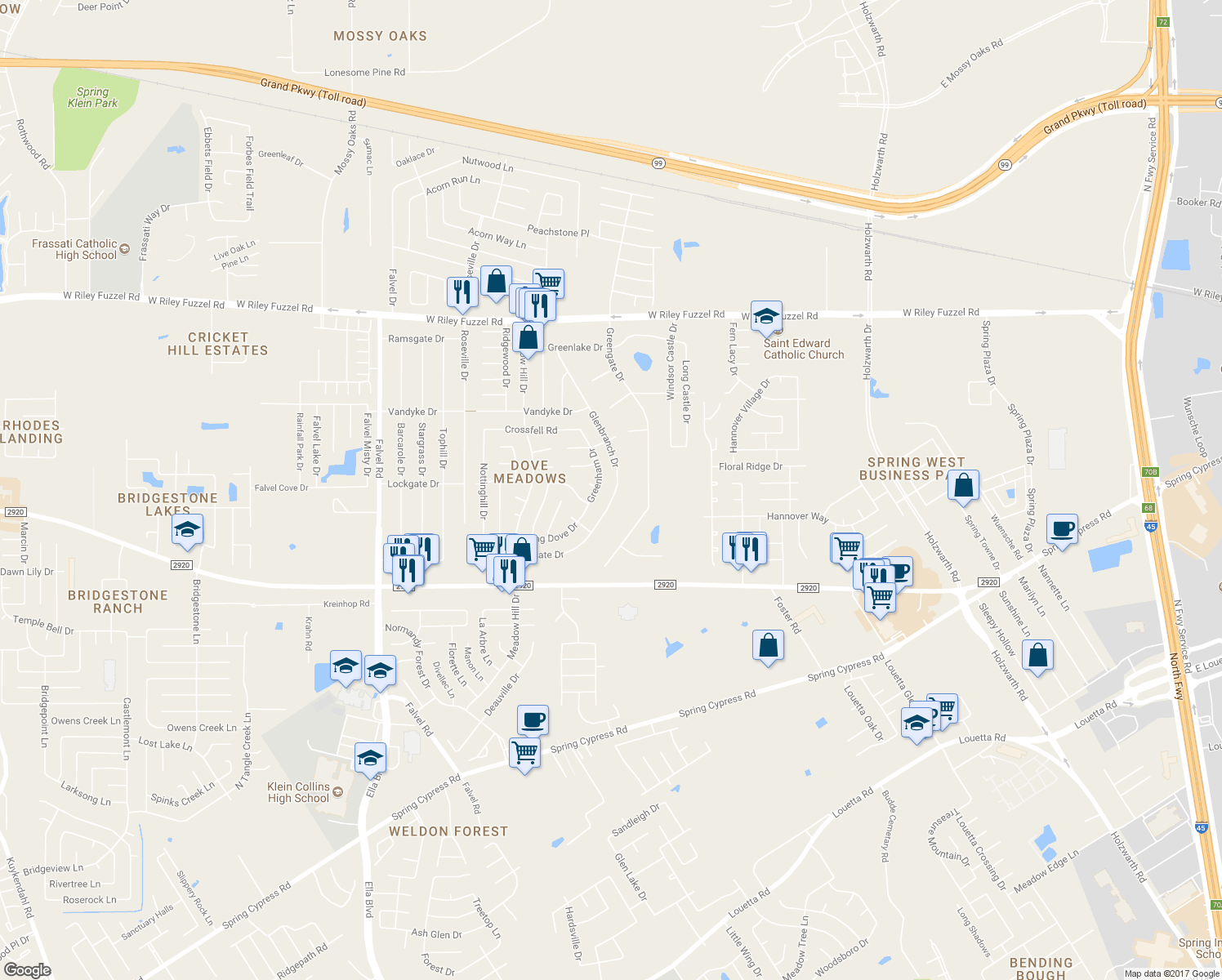 map of restaurants, bars, coffee shops, grocery stores, and more near 21407 Glenbranch Drive in Spring