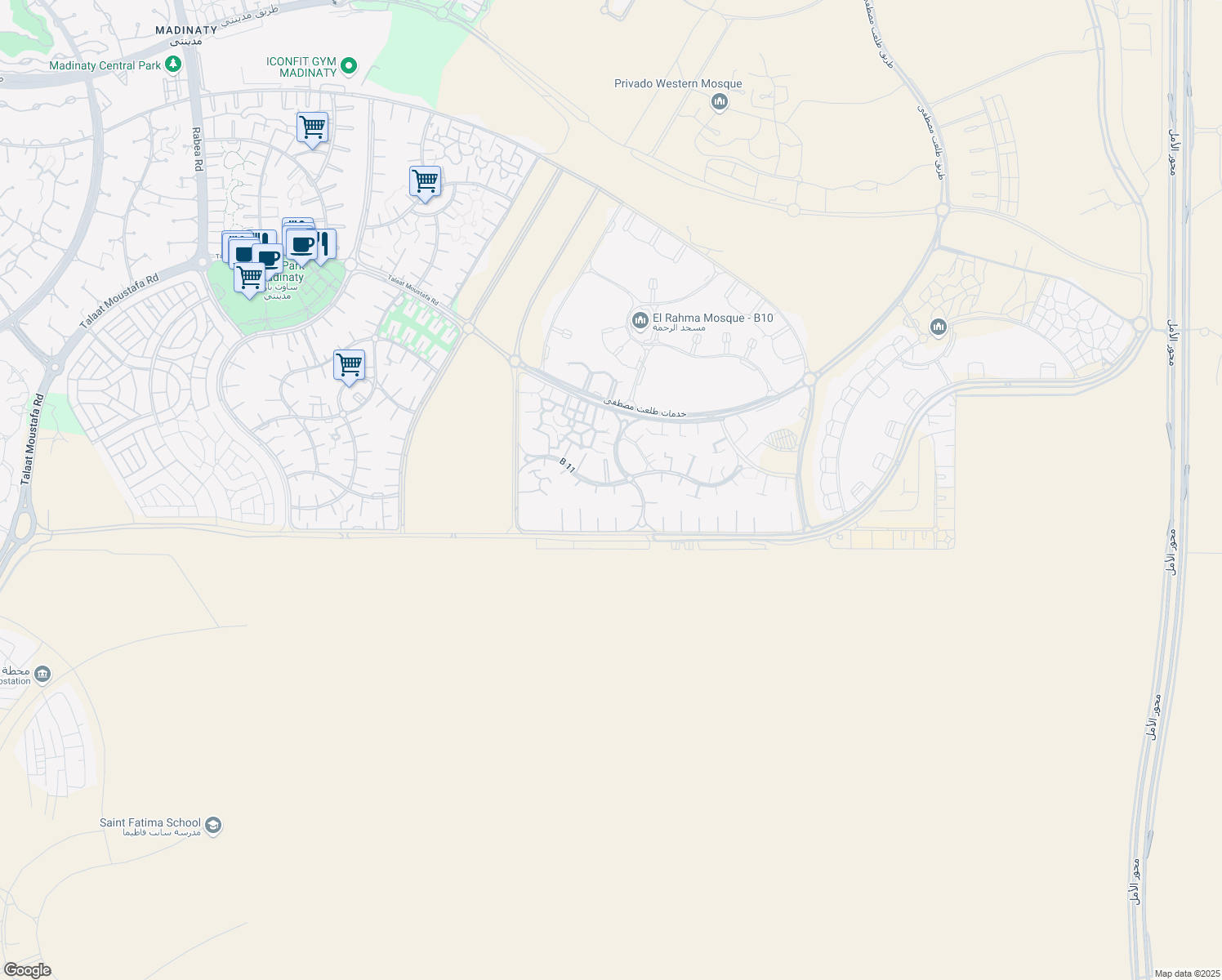 map of restaurants, bars, coffee shops, grocery stores, and more near B 11 in Second New Cairo