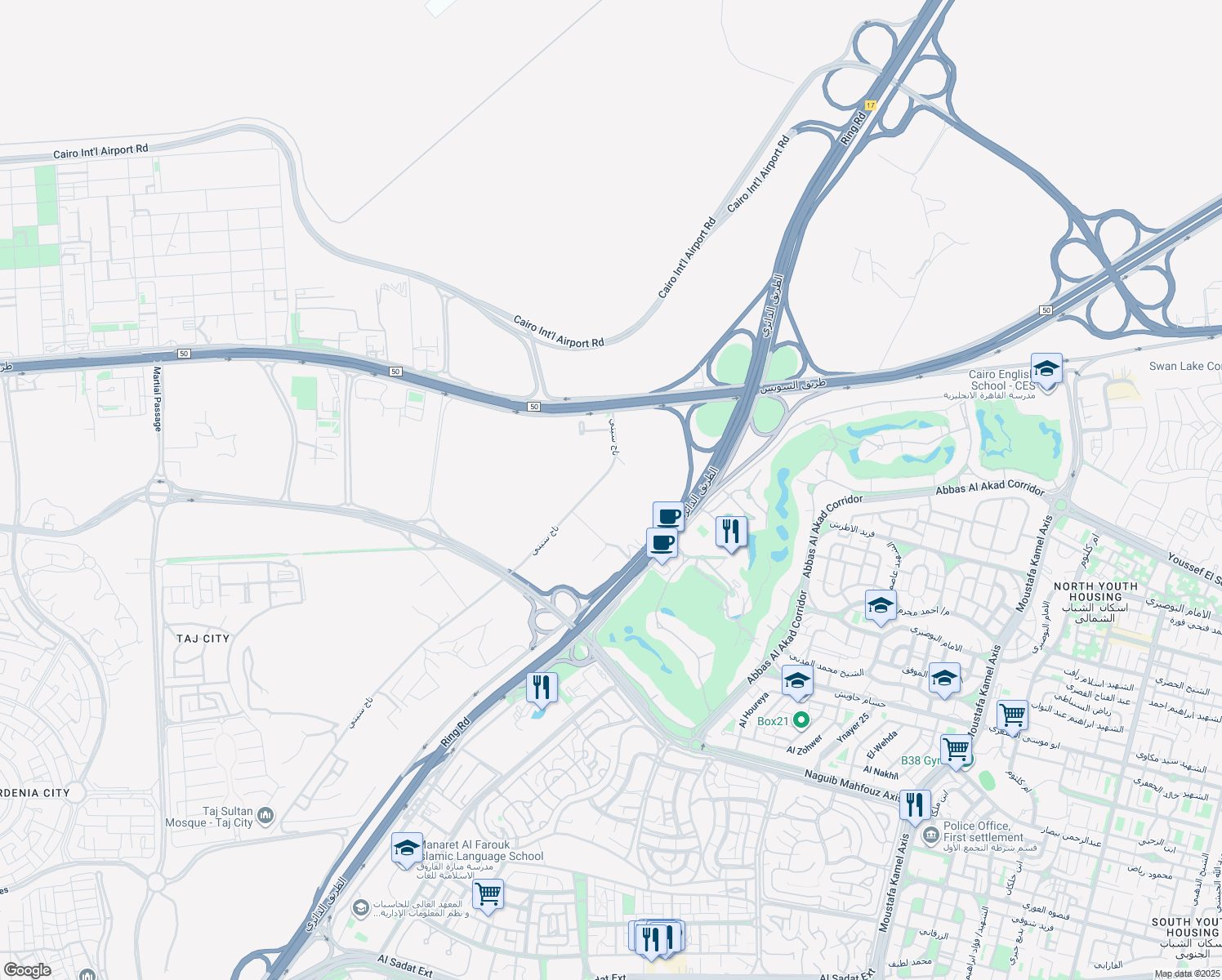 map of restaurants, bars, coffee shops, grocery stores, and more near in New Cairo 1