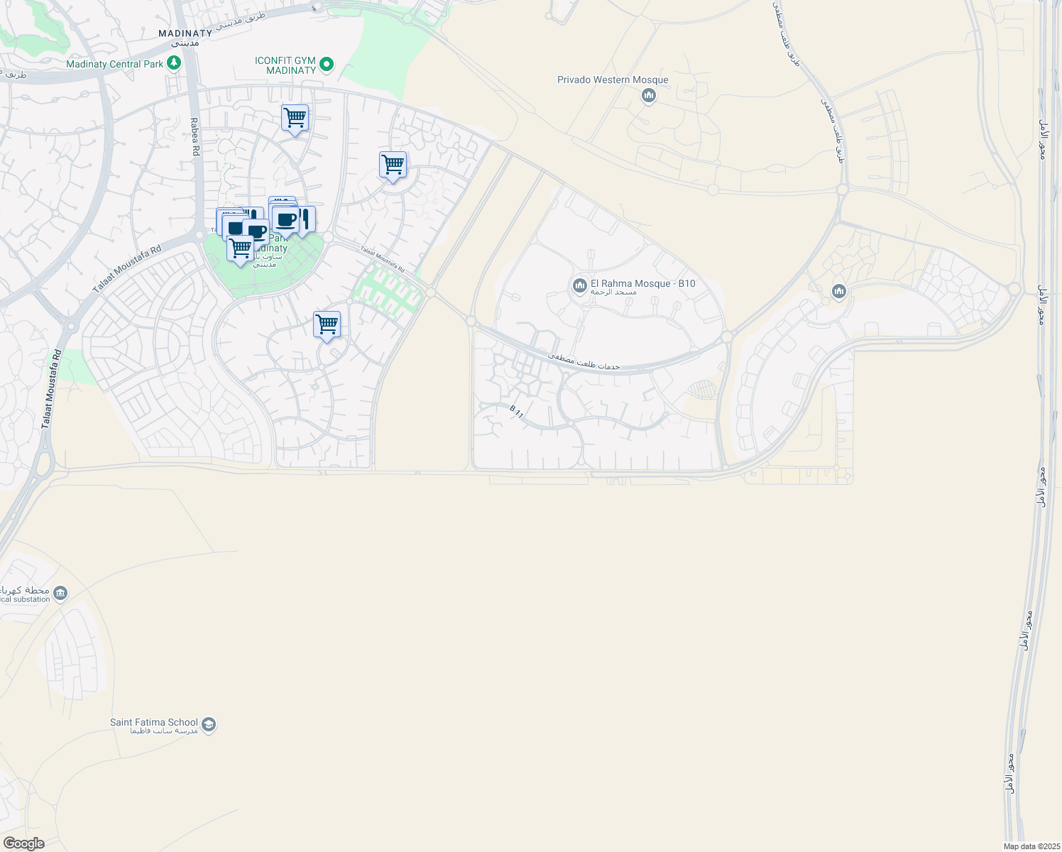 map of restaurants, bars, coffee shops, grocery stores, and more near B 11 in Second New Cairo