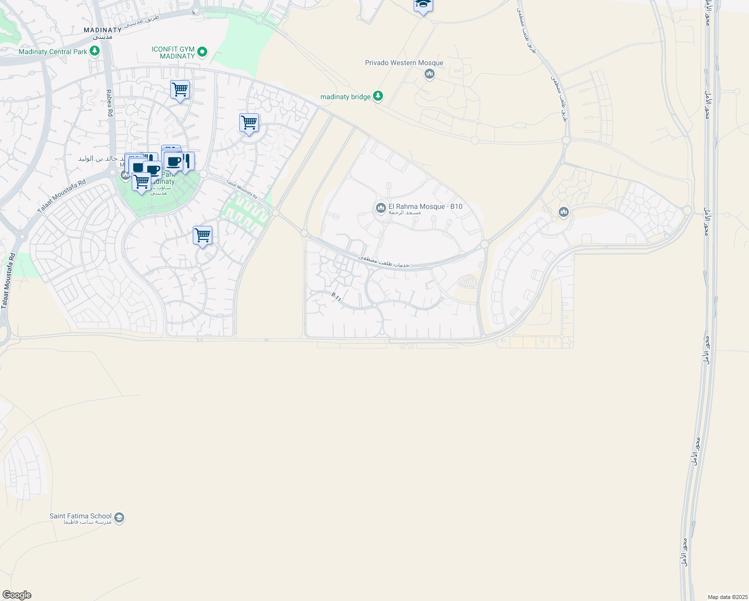 map of restaurants, bars, coffee shops, grocery stores, and more near in Second New Cairo