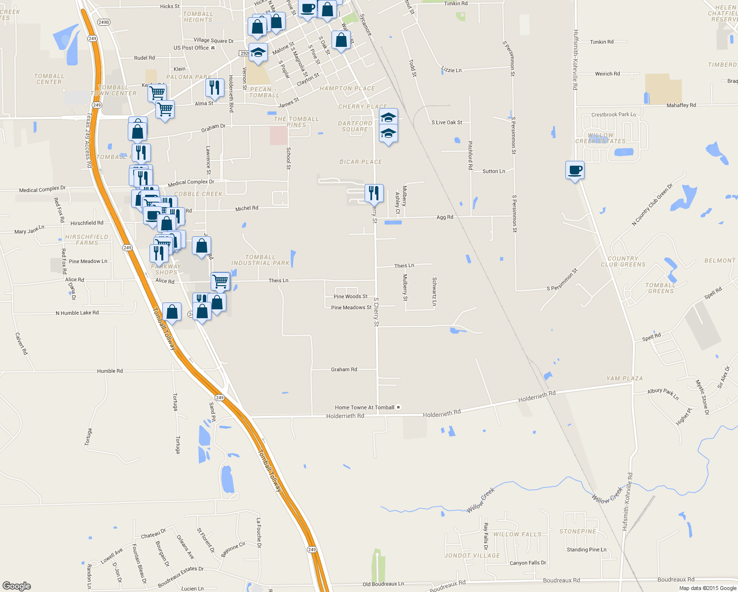 map of restaurants, bars, coffee shops, grocery stores, and more near 12702 Pine Woods Street in Tomball