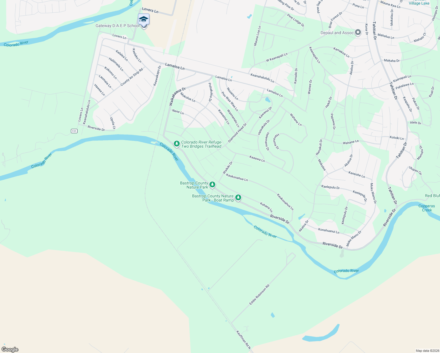 map of restaurants, bars, coffee shops, grocery stores, and more near 150 Waikiki Drive in Bastrop