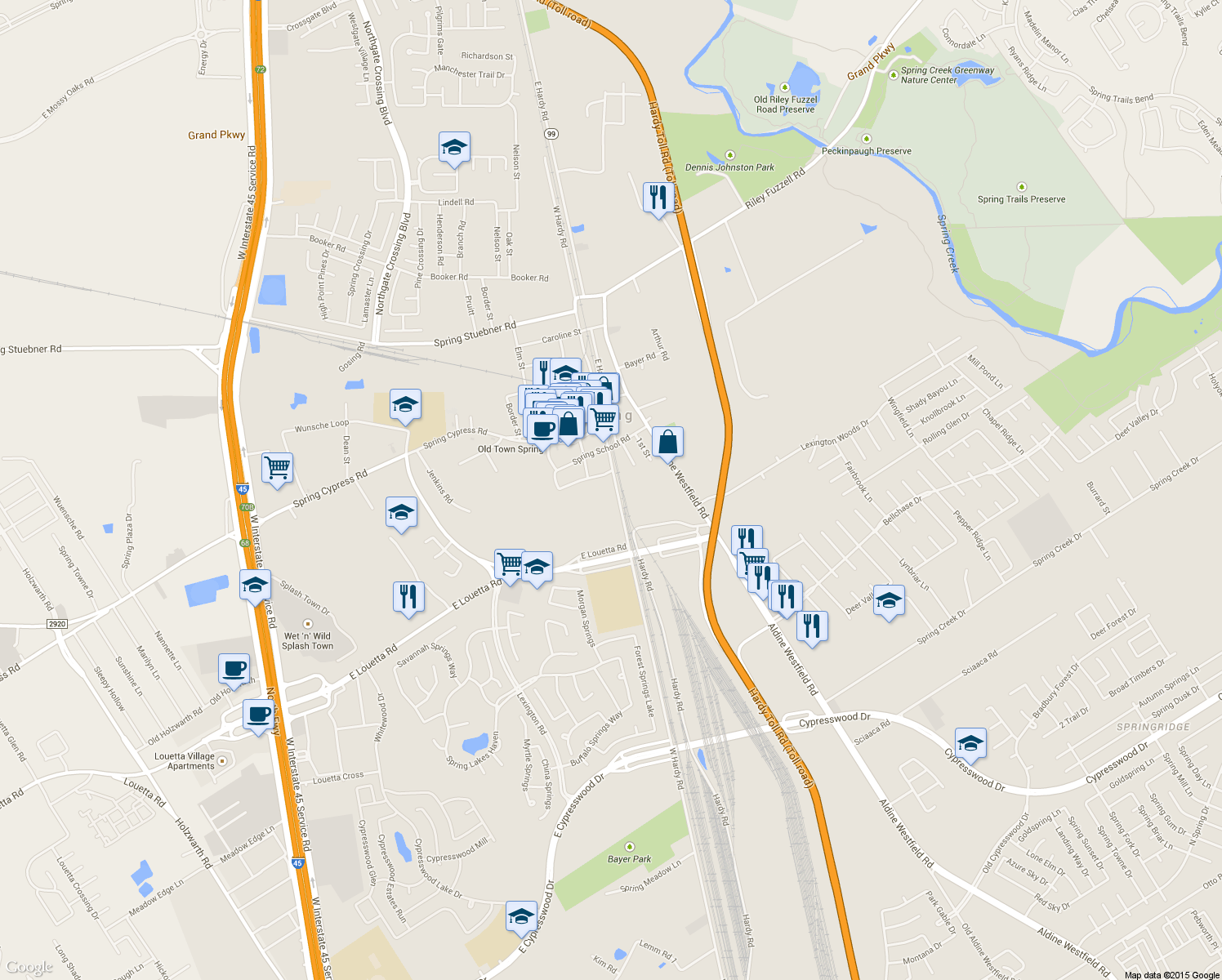 map of restaurants, bars, coffee shops, grocery stores, and more near 26103 West Hardy Road in Spring
