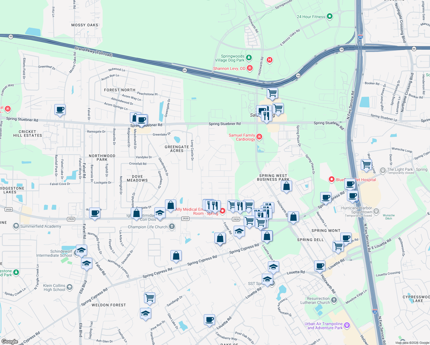 map of restaurants, bars, coffee shops, grocery stores, and more near 2435 Ligustrum Flower Drive in Spring