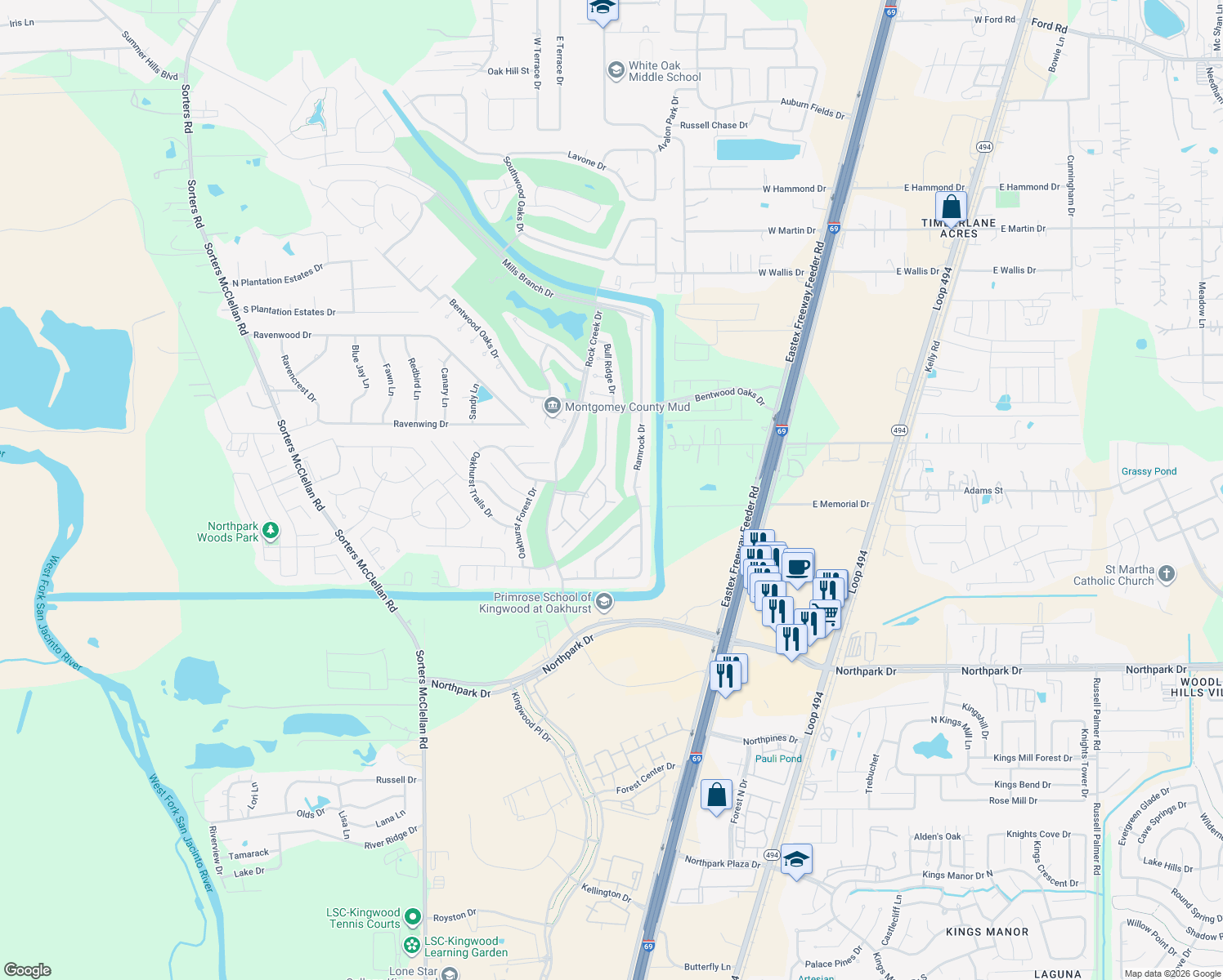 map of restaurants, bars, coffee shops, grocery stores, and more near 21017 Williams Creek Drive in Porter