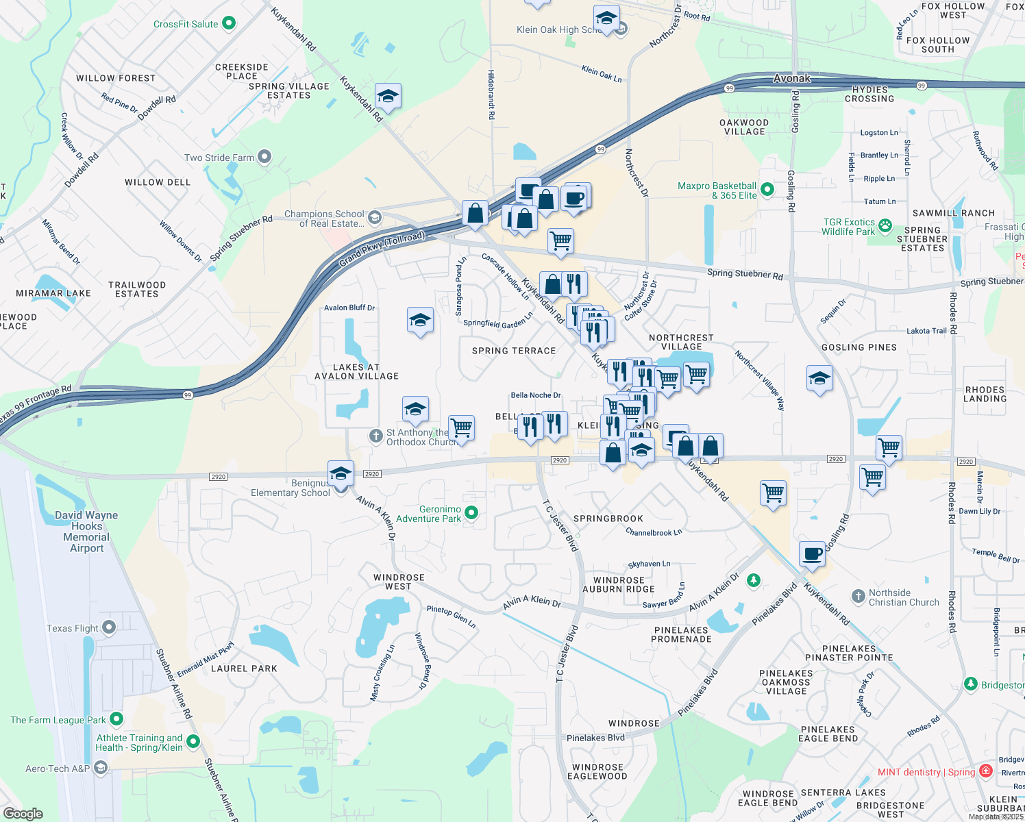 map of restaurants, bars, coffee shops, grocery stores, and more near 21334 Bella Jess Drive in Spring