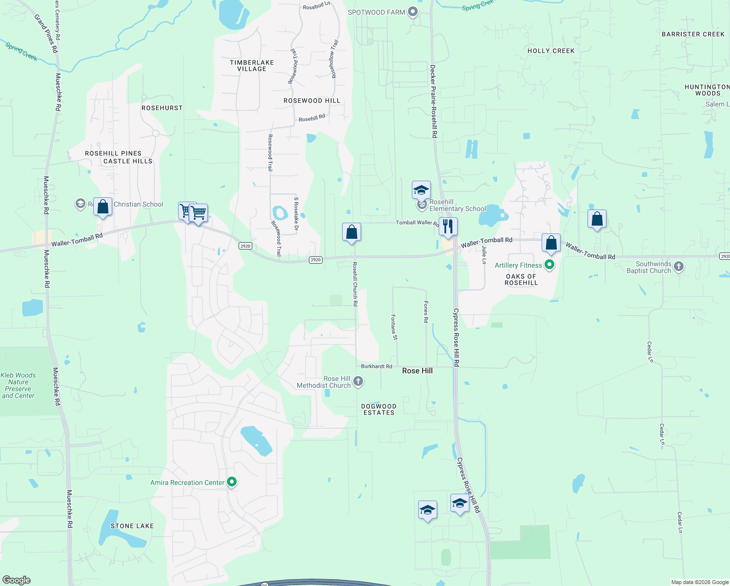 map of restaurants, bars, coffee shops, grocery stores, and more near 21522 Rosehill Church Road in Tomball