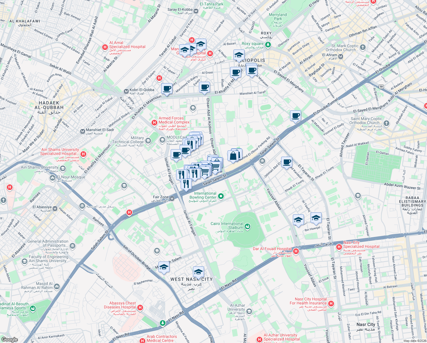 map of restaurants, bars, coffee shops, grocery stores, and more near 20a Salah Salem Street in Heliopolis