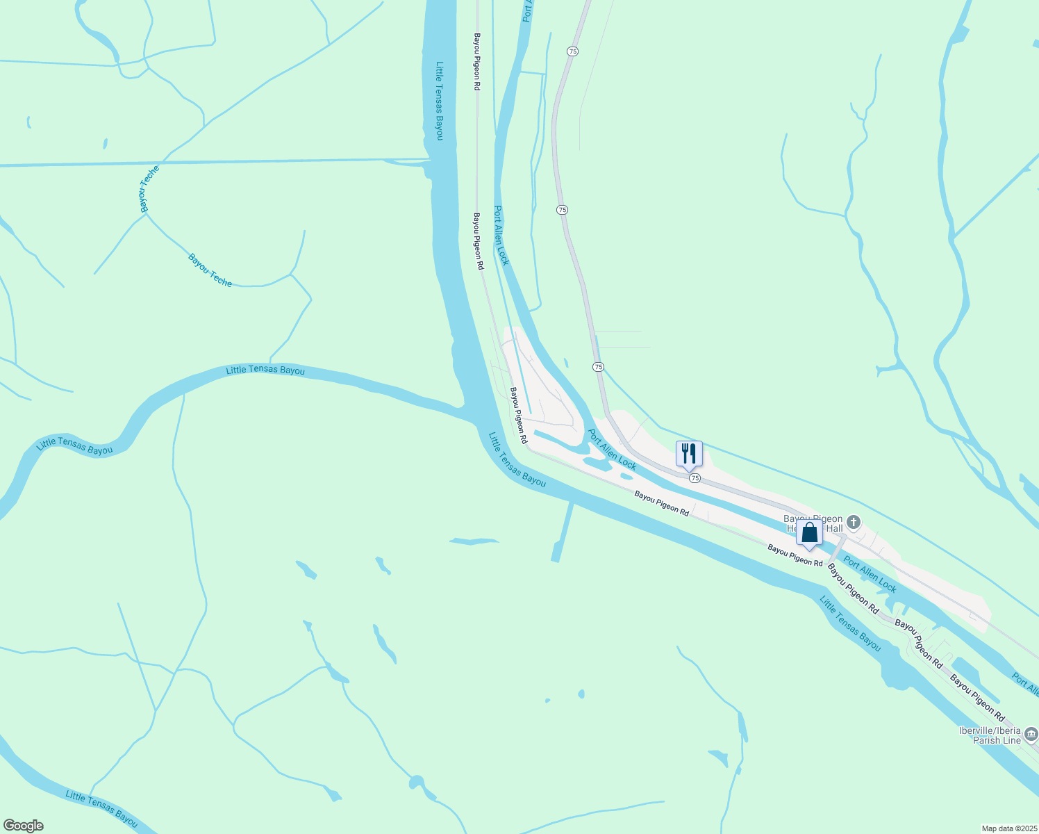 map of restaurants, bars, coffee shops, grocery stores, and more near 39219 Bayou Pigeon Road in Plaquemine