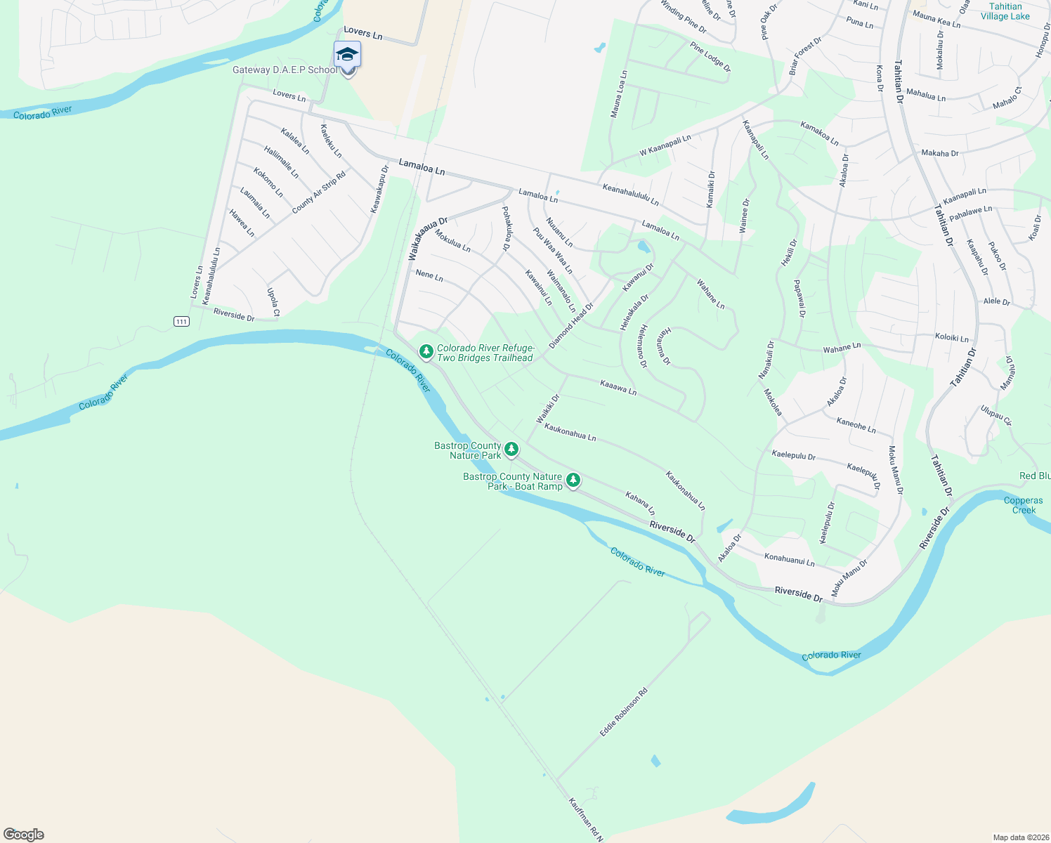 map of restaurants, bars, coffee shops, grocery stores, and more near 150 Waikiki Drive in Bastrop