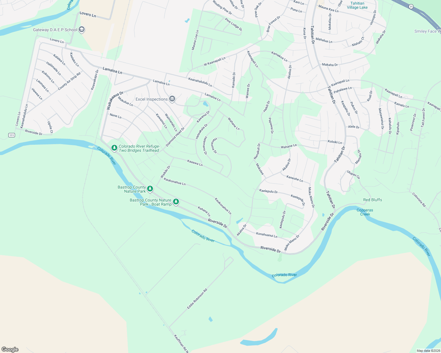 map of restaurants, bars, coffee shops, grocery stores, and more near 169 Kaaawa Lane in Bastrop